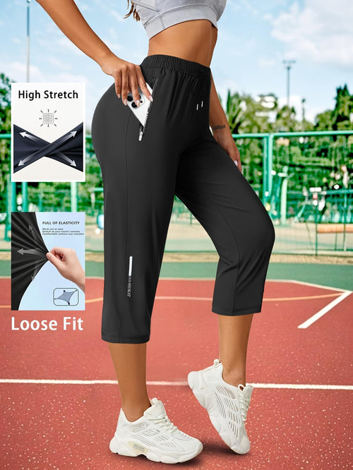 Women’s Capri Pants – Loose Fit, Summer Drawstring Waist, Zipper Pockets, Breathable High-Stretch Fabric, Suitable for Everyday Wear